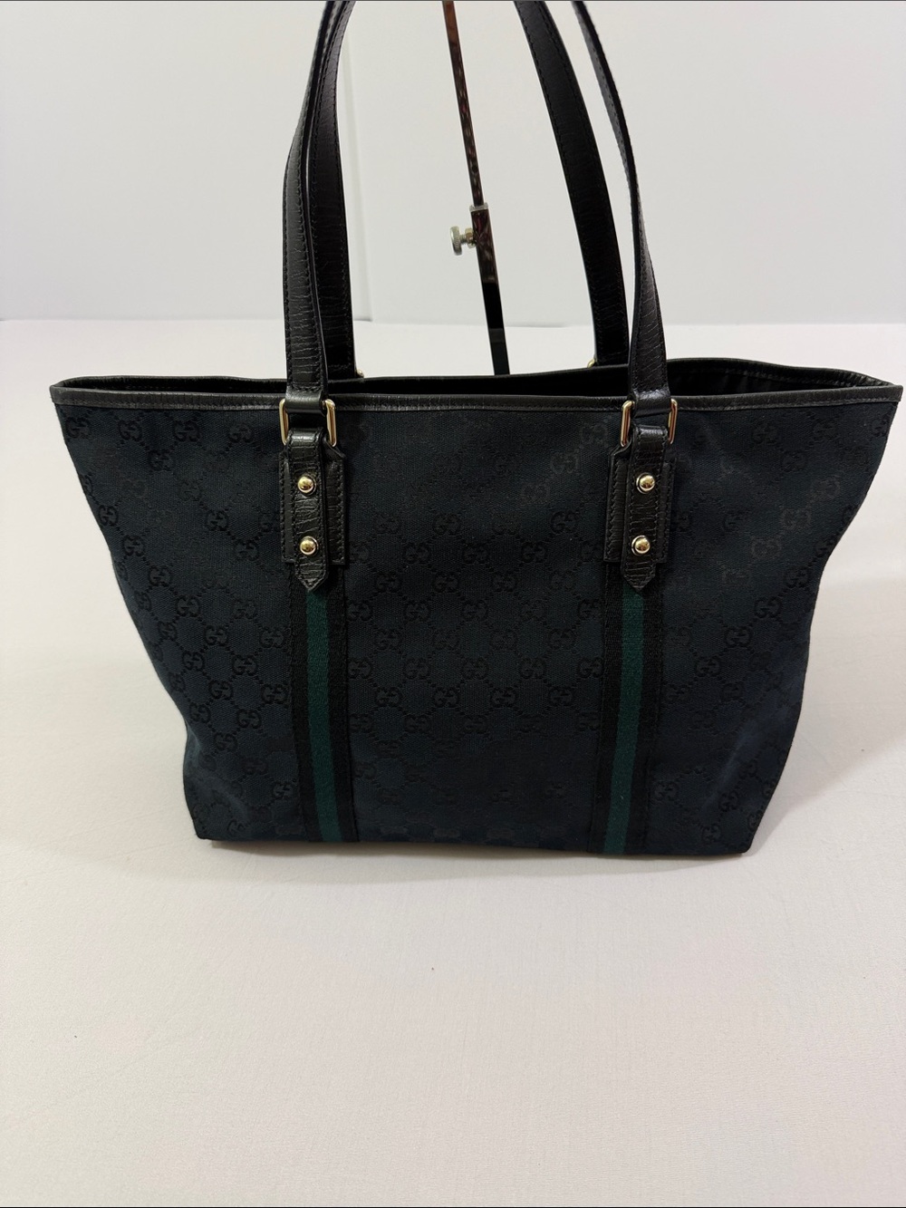 Gucci GG Canvas Black Web Stripe Leather Tote Shoulder Bag Made in Italy